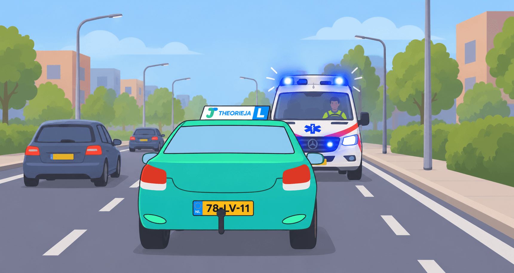 Een ambulance rijdt achter je, wat doe je?